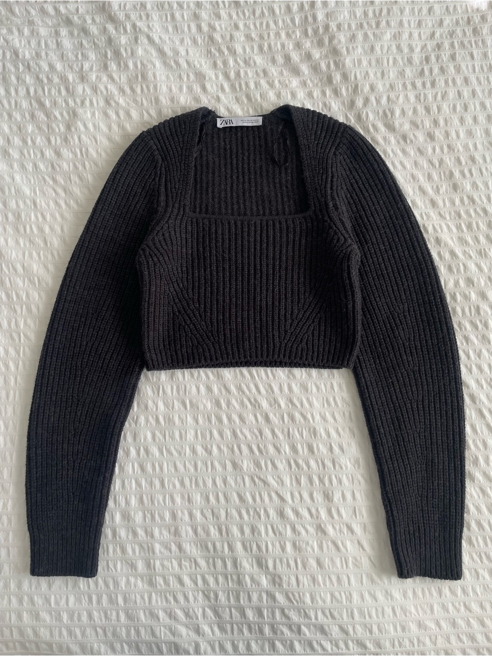 Zara Sweater Knit Squareneck Long Sleeve Crop Top Charcoal Grey
